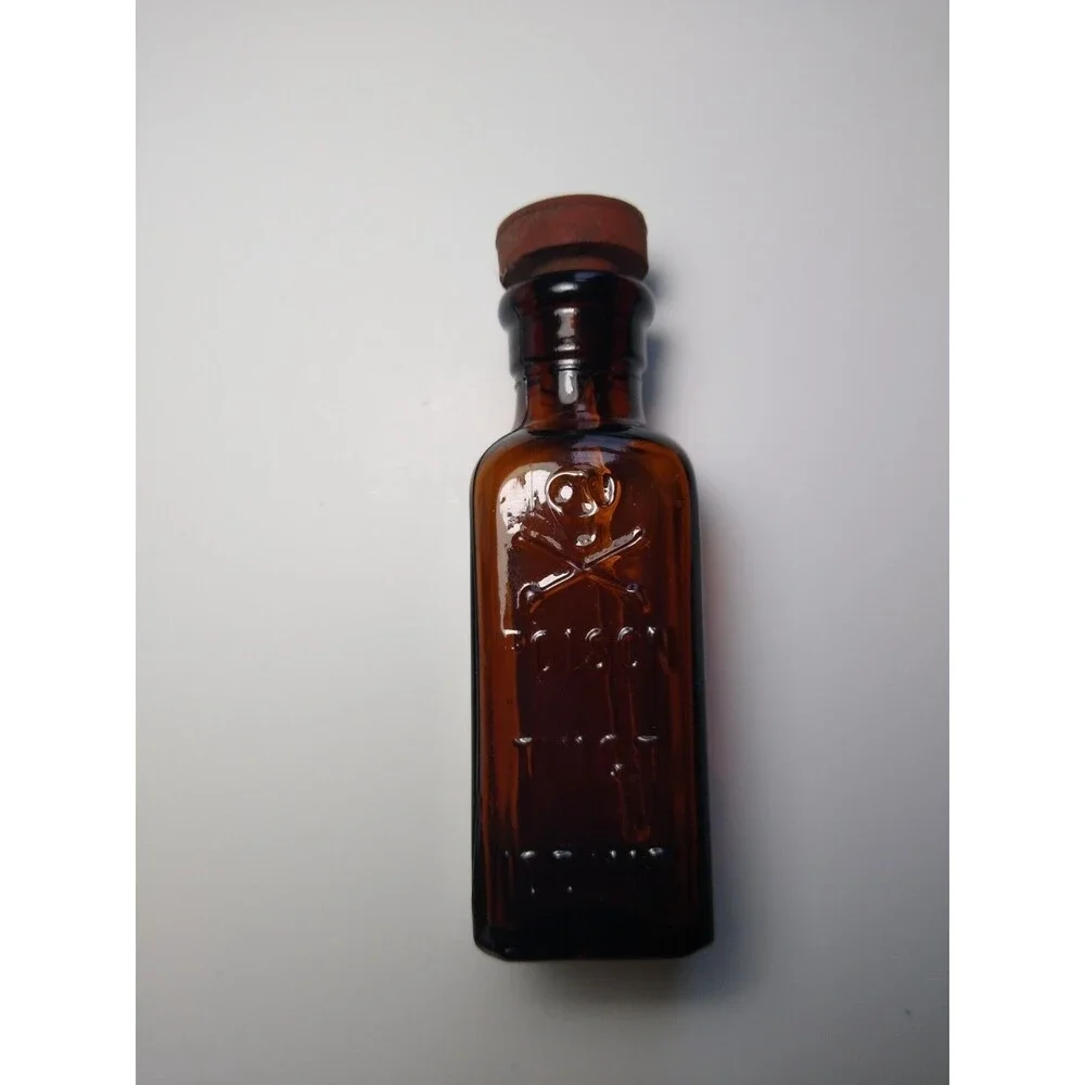 Antique Poison Bottle Tinct Iodine Glass Bottle With Dauber M3 Skull Crossbones